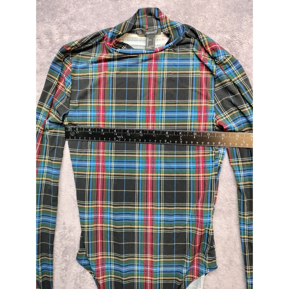 Forever 21 small bodysuit mock neck plaid long sleeve stretch fall school prep - Picture 7 of 9